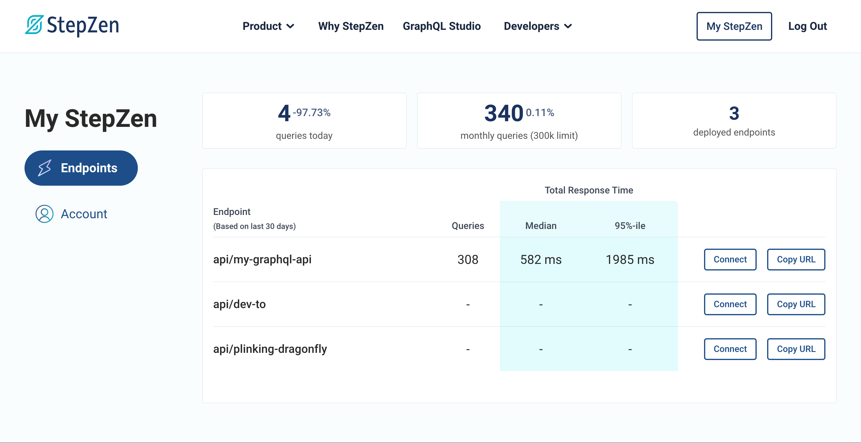 StepZen Dashboard page