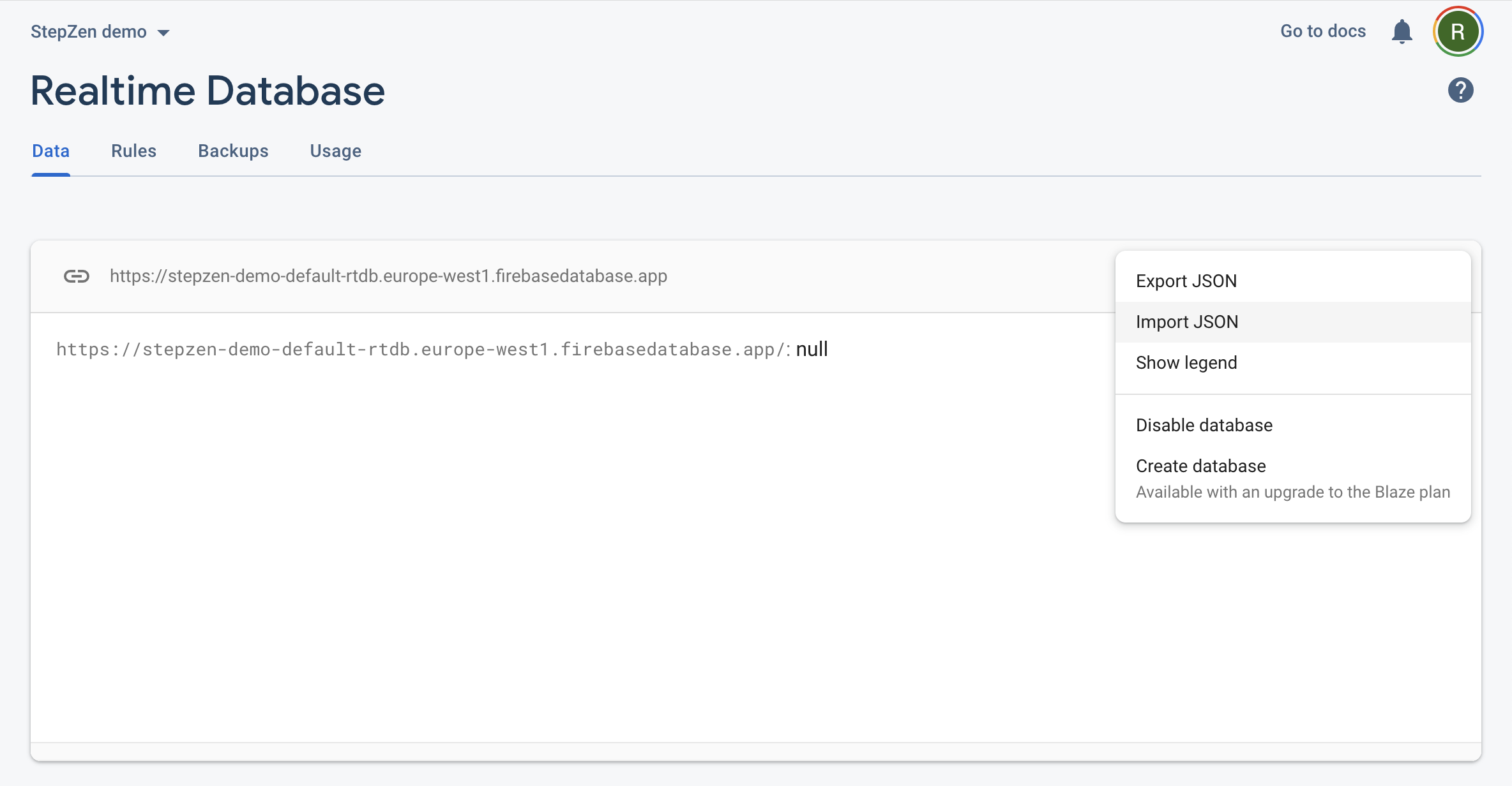 Import JSON in Firebase Console