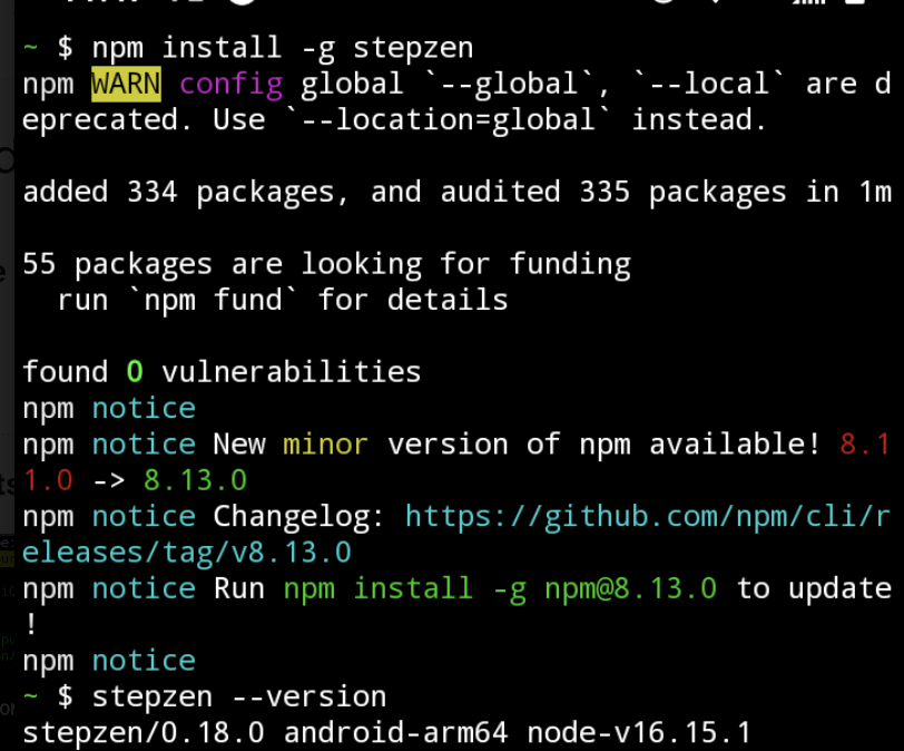npm install -g stepzen, stepzen —version