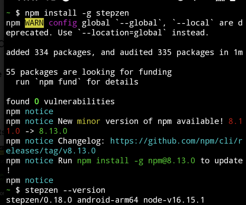 npm install -g stepzen, stepzen version